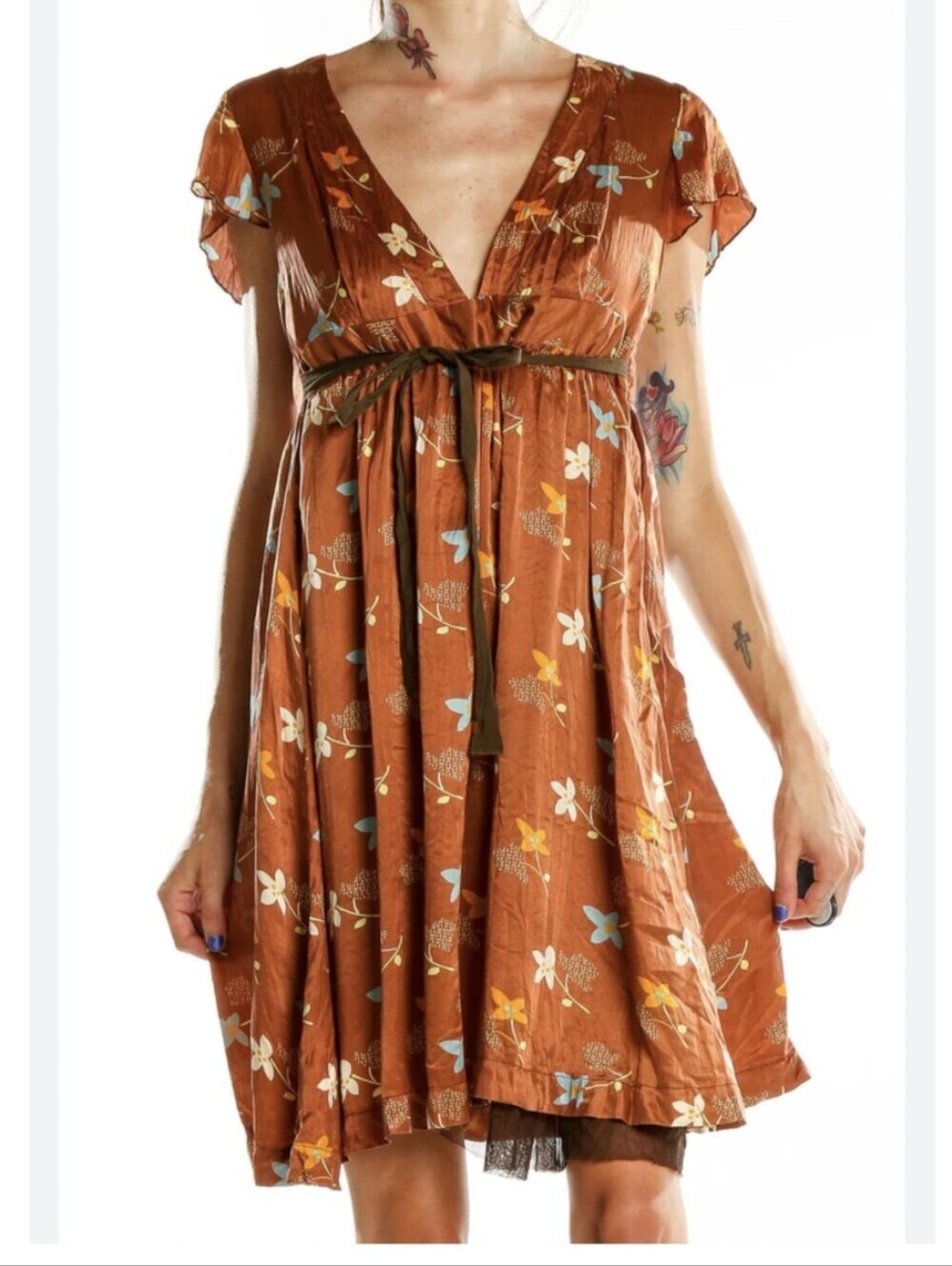 Free People Silk Copper Floral Print Crinkle  V-Neck Dress